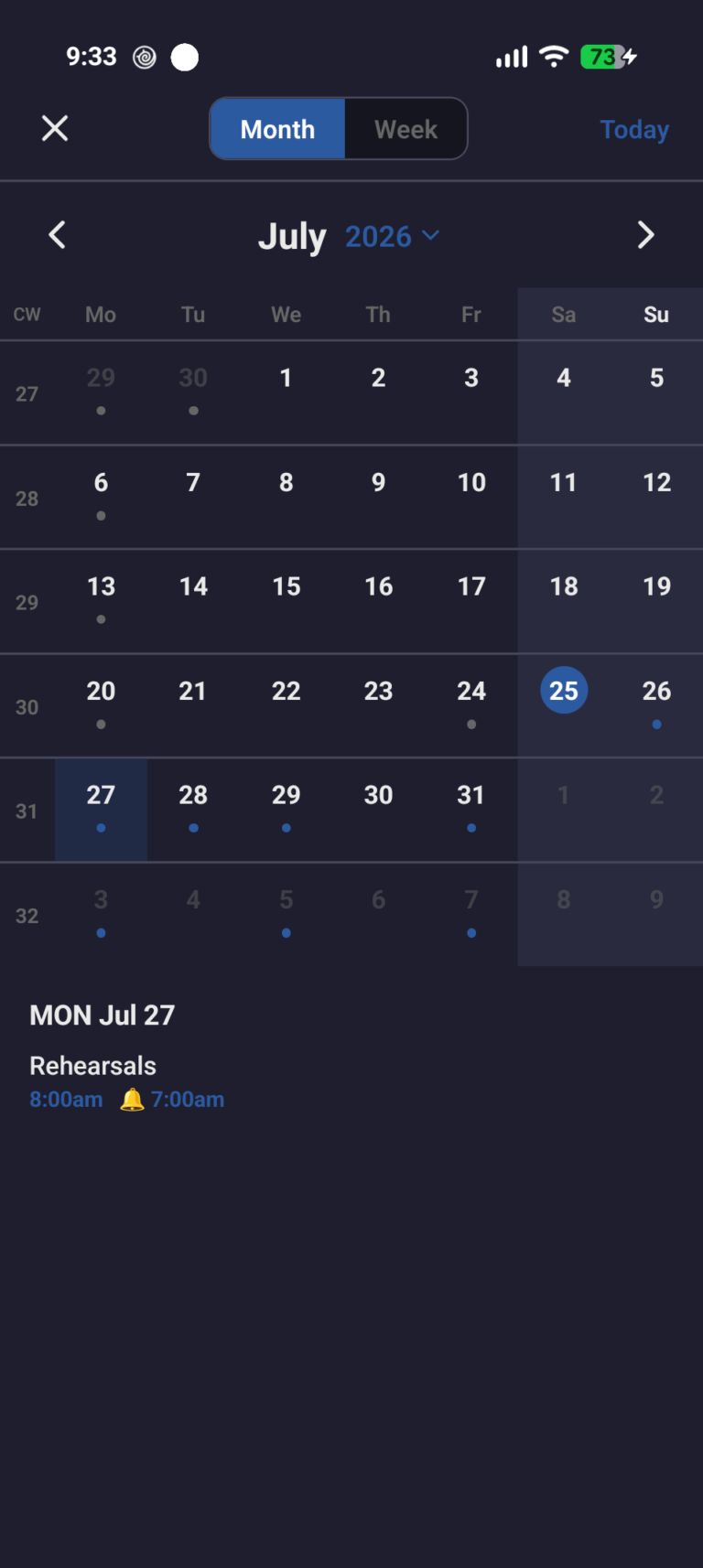 grAIm calendar view showing July 2026 with the day's reminders