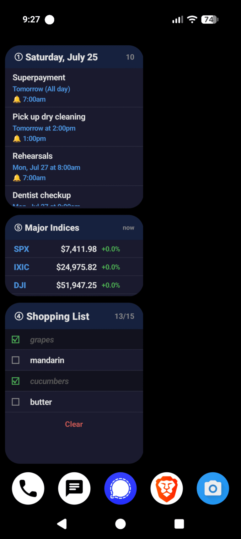 grAIm Calendar, Ticker and Shopping List widgets on an Android home screen